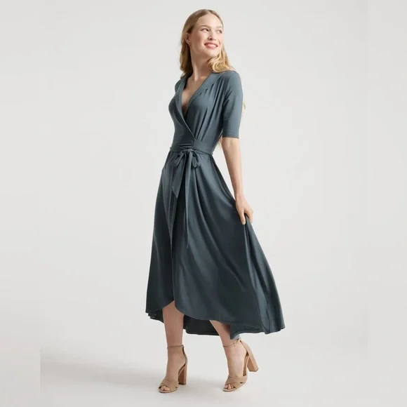 Quince Dark Olive Tencel Jersey Wrap Dress Midi - Picture 2 of 6